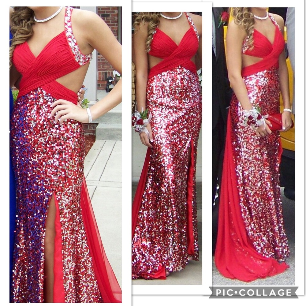 Red Sequin Rhinestone Plunge Cutout Halter Formal